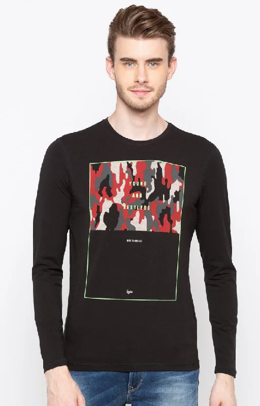 Weekend Discounts to Celebrate Spykar Jet Black Printed Slim Fit Men T-Shirts