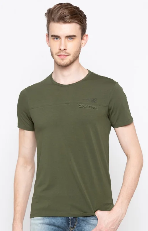 Savings Soar This Weekend Spykar Dark Olive Solid Slim Fit Men T-Shirts