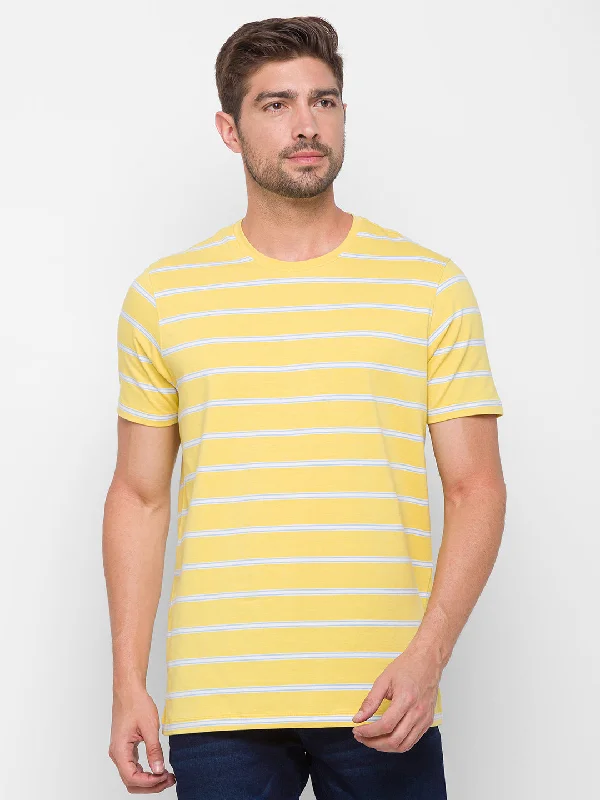 Spykar Men Yellow Cotton Slim Fit Round Neck T-Shirt