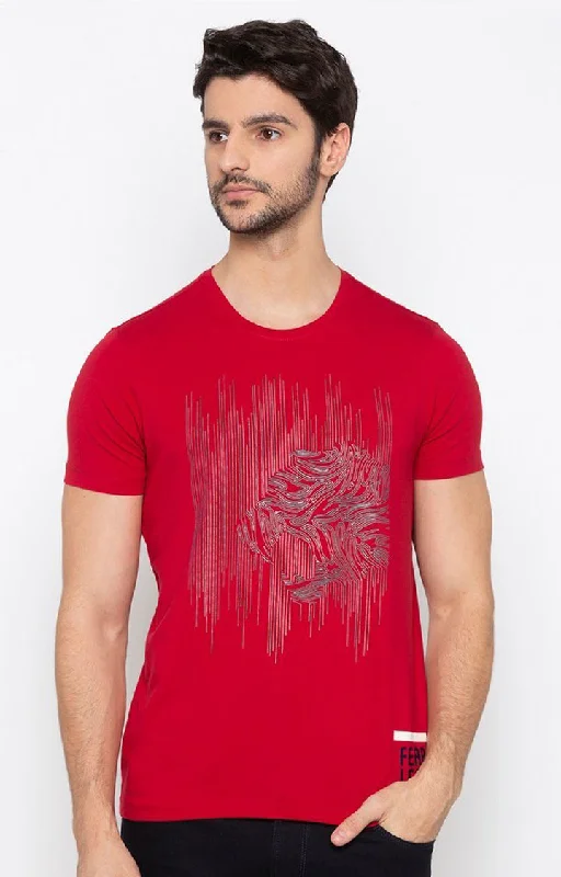 Spykar Red Cotton Slim Fit T-Shirt For Men