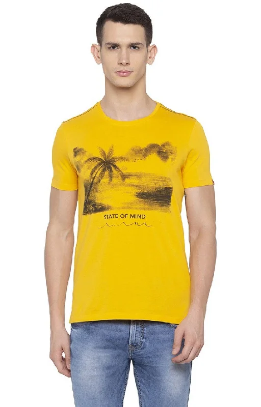 Spykar Men Yellow Cotton Slim Fit Round Neck T-Shirt