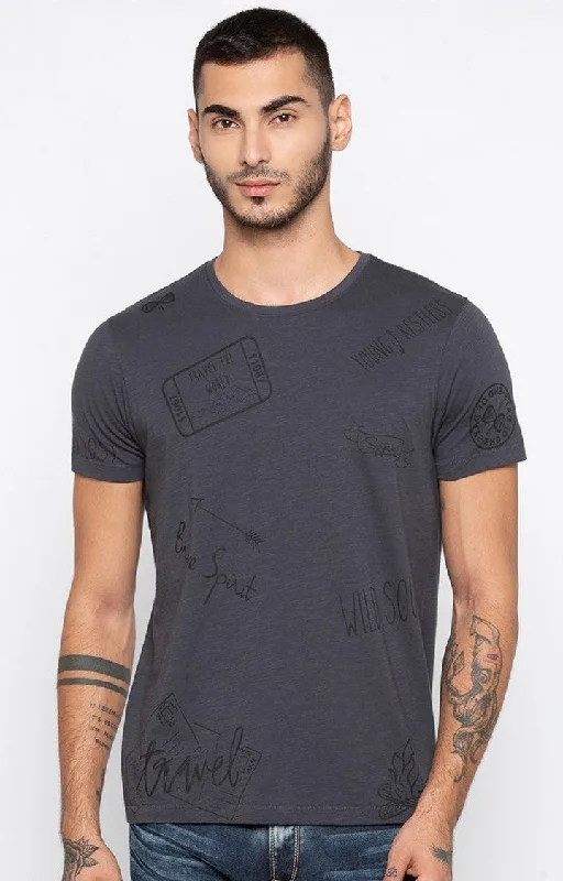 Weekend Specials to Delight Spykar Dark Grey Printed Slim Fit Men T-Shirts