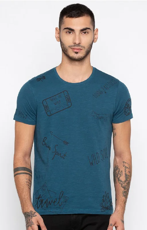 Spykar Blue Cotton Slim Fit T-Shirt For Men