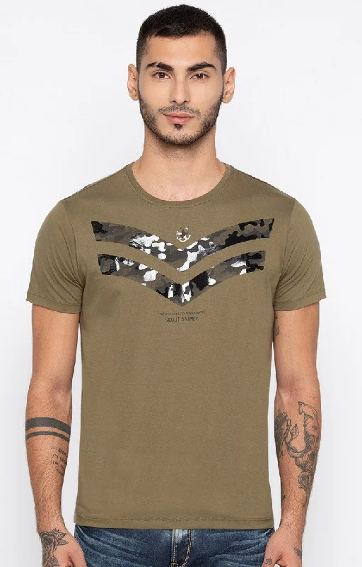 Massive Savings Spykar Olive Printed Slim Fit Men T-Shirts