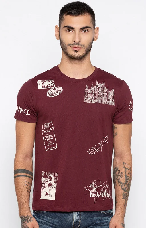 Price Drop Spykar Wine Printed Slim Fit Men T-Shirts