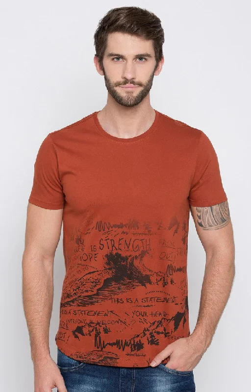 Weekend Bargains to Sizzle Spykar Burnt Orange Printed Slim Fit Men T-Shirts