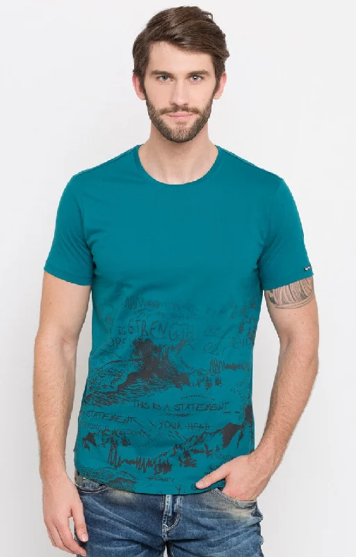 Early Bird Spykar Turquoise Printed Slim Fit Men T-Shirts