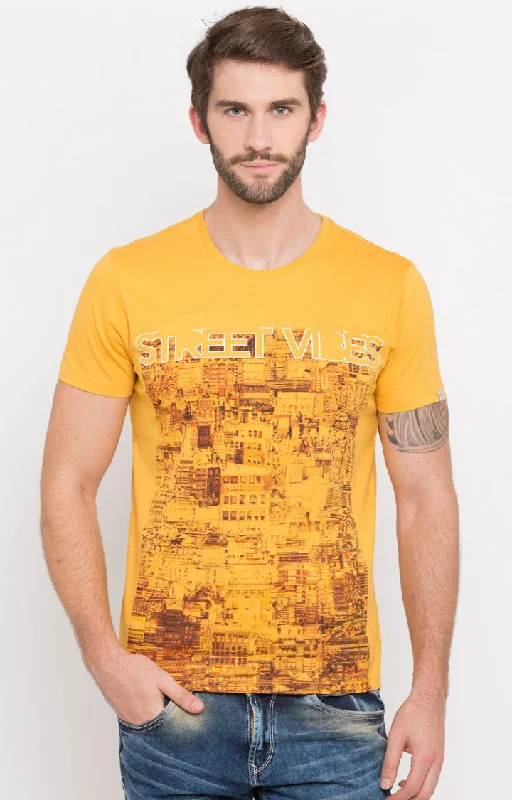 Weekend Bargains to Grab Spykar Yellow Printed Slim Fit Men T-Shirts