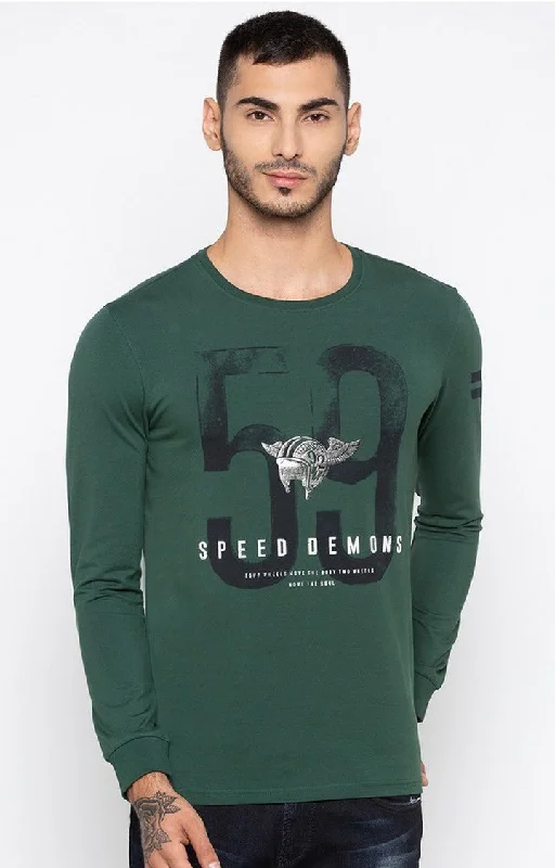 Reduced Rates Spykar Green Printed Slim Fit Men T-Shirts