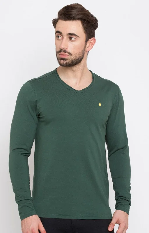 Weekend Deals That Spark Spykar Bottle Green Solid Slim Fit Men T-Shirts
