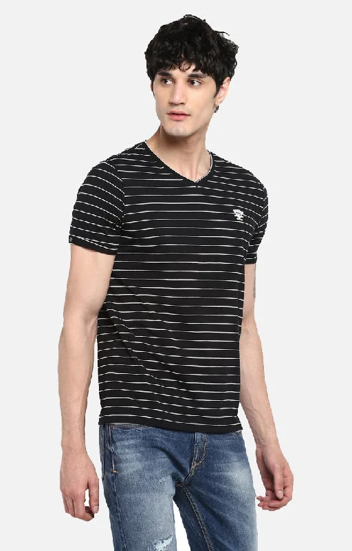 Weekend-Only Price Drops Spykar Black & White Striped Slim Fit Men T-Shirts