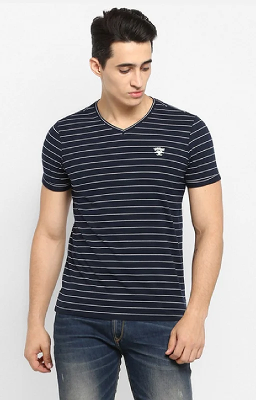 Weekend Wonders Await! Spykar Navy Blue & White Striped Slim Fit Men T-Shirts