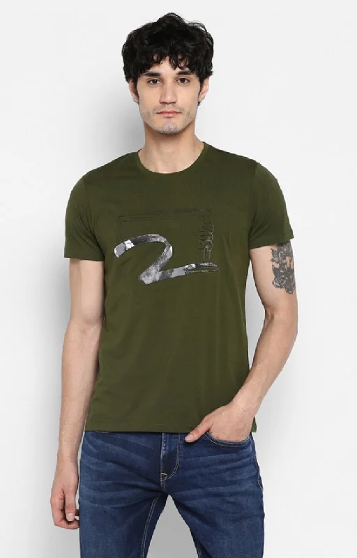 Weekend Discounts to Relish Spykar Olive Printed Slim Fit Men T-Shirts