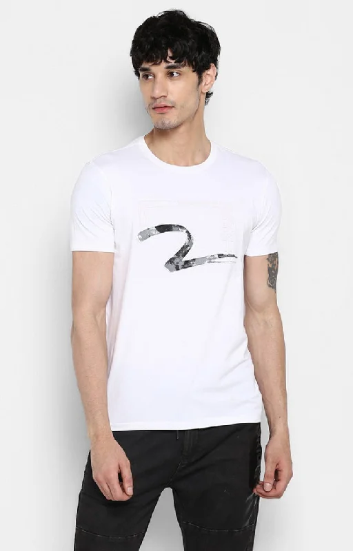 Super Bargain Spykar White Printed Slim Fit Men T-Shirts