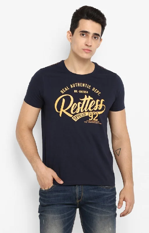 Stock Clearance Spykar Navy Blue Printed Cotton Men T-Shirts