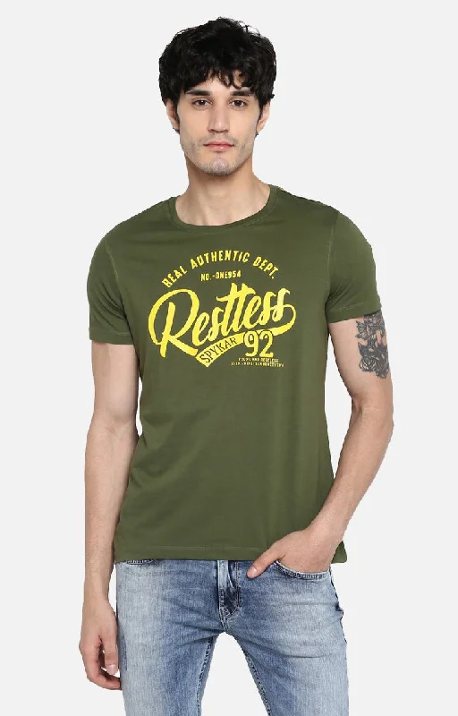 Special Price Spykar Olive Green Printed Slim Fit Men T-Shirts