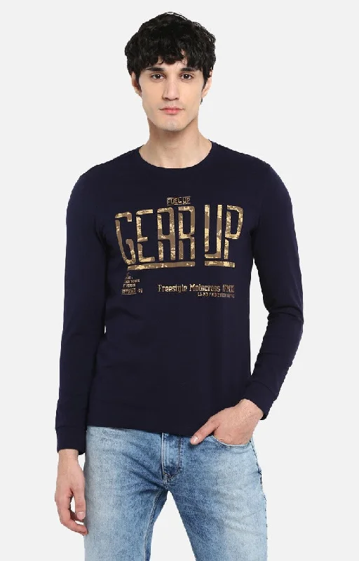 Unmissable Offer Spykar Navy Blue Printed Slim Fit Men T-Shirts