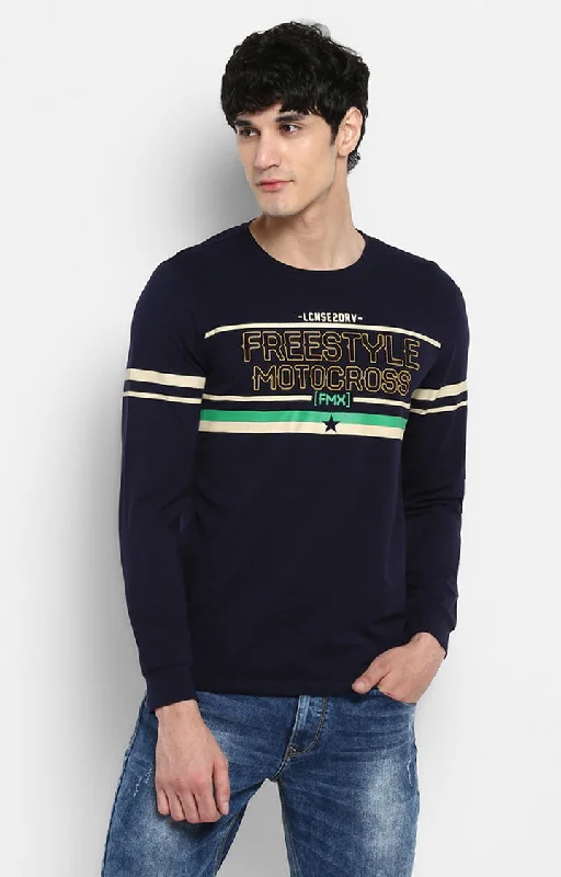 Take Advantage Spykar Navy Blue Printed Slim Fit Men T-Shirts