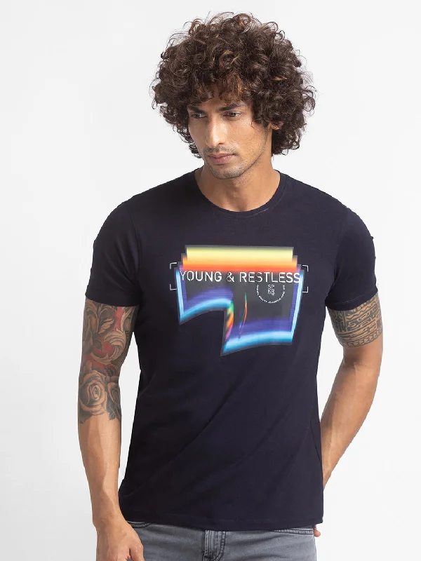 Unbeatable Deal Spykar Navy Blue Cotton Half Sleeve Printed Casual T-Shirt For Men