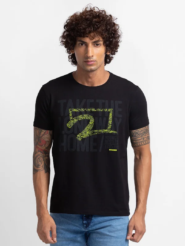 Spykar Black Cotton Half Sleeve Printed Casual T-Shirt For Men