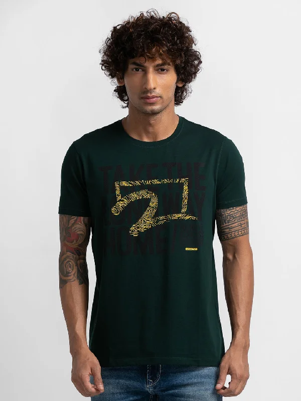 Spykar Bottle Green Cotton Half Sleeve Printed Casual T-Shirt For Men