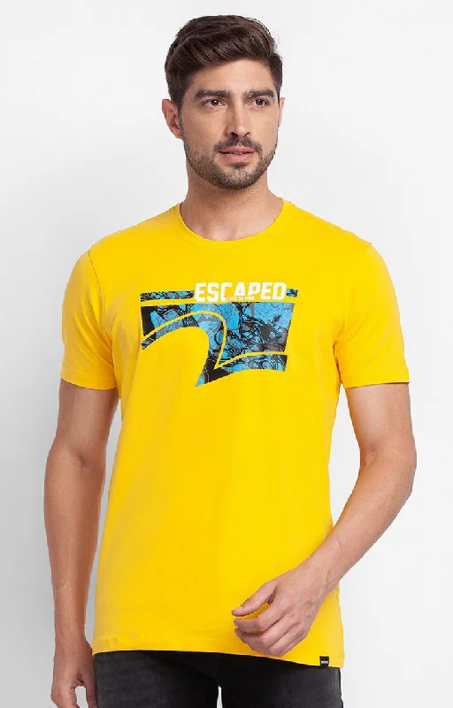 Spykar Chrome Yellow Cotton Half Sleeve Printed Casual T-Shirt For Men