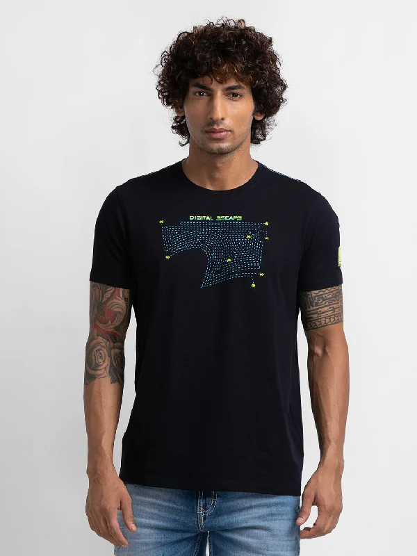 Spykar Navy Blue Cotton Half Sleeve Printed Casual T-Shirt For Men