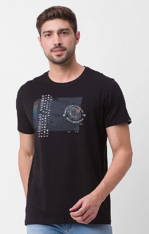 Spykar Black Cotton Half Sleeve Printed Casual T-Shirt For Men