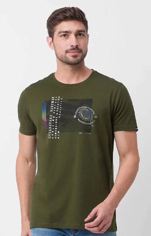 Spykar Rifle Green Cotton Half Sleeve Printed Casual T-Shirt For Men