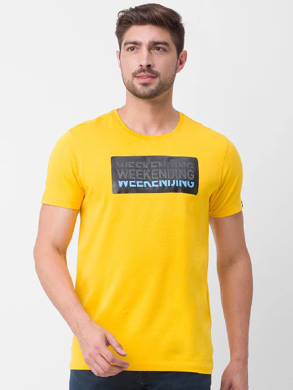 Spykar Chrome Yellow Cotton Half Sleeve Printed Casual T-Shirt For Men