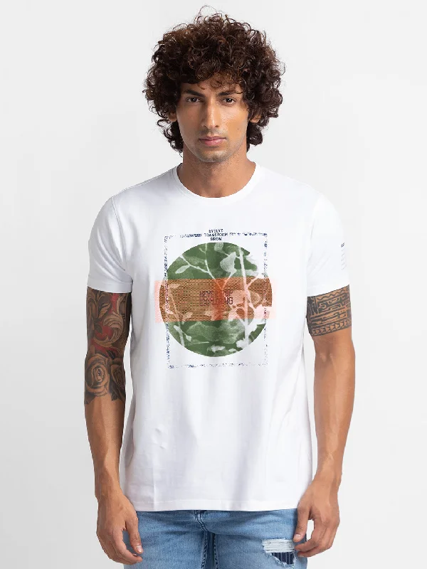 Spykar Ecru Cotton Half Sleeve Printed Casual T-Shirt For Men