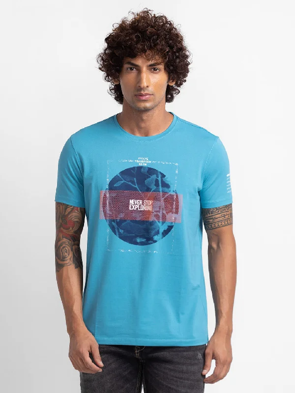 Spykar Haze Blue Cotton Half Sleeve Printed Casual T-Shirt For Men