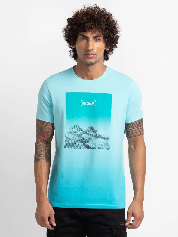 Spykar Cool Blue Cotton Half Sleeve Printed Casual T-Shirt For Men