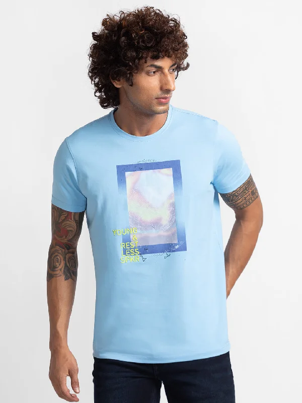 Spykar Powder Blue Cotton Half Sleeve Printed Casual T-Shirt For Men