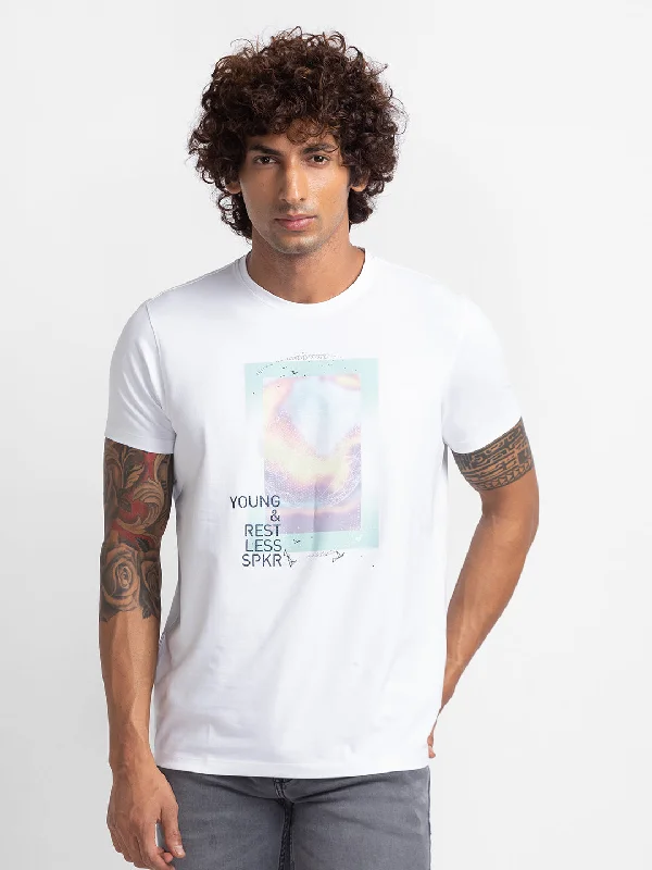 Spykar White Cotton Half Sleeve Printed Casual T-Shirt For Men