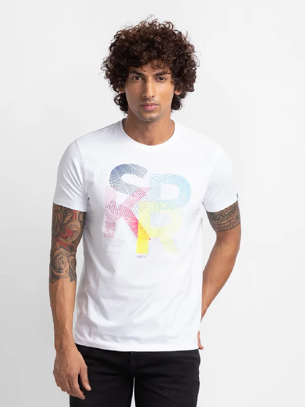 Spykar White Cotton Half Sleeve Printed Casual T-Shirt For Men