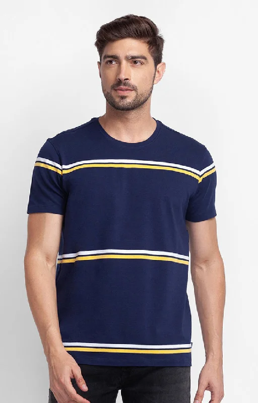 Spykar Navy Blue Cotton Half Sleeve Stripes Casual T-Shirt For Men