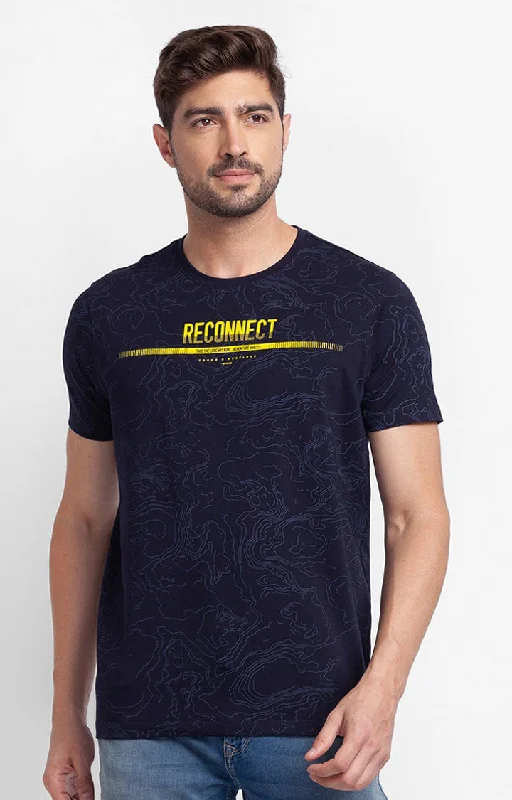 Spykar Navy Blue Cotton Half Sleeve Printed Casual T-Shirt For Men