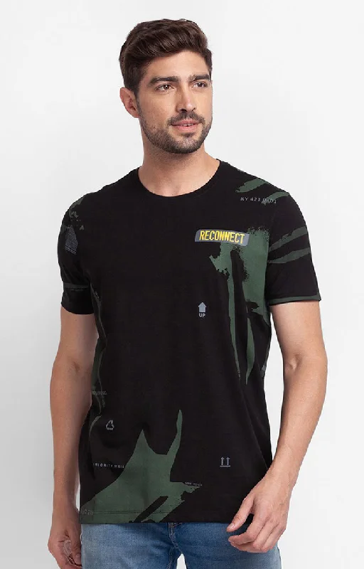 Spykar Black Cotton Half Sleeve Printed Casual T-Shirt For Men