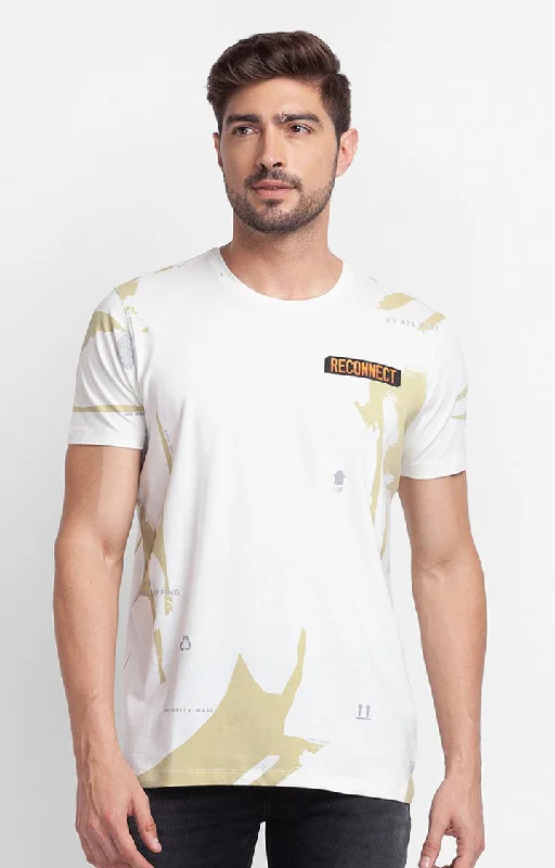 Spykar Ecru Cotton Half Sleeve Printed Casual T-Shirt For Men