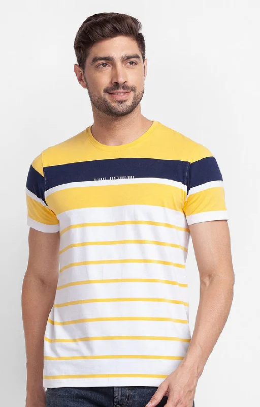 Spykar Sulphur Yellow Cotton Half Sleeve Stripes Casual T-Shirt For Men