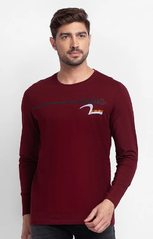 Spykar Wine Cotton Full Sleeve Printed Casual T-Shirt For Men