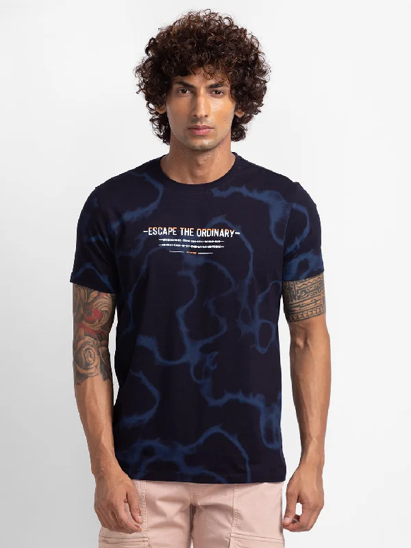 Spykar Navy Blue Cotton Half Sleeve Printed Casual T-Shirt For Men