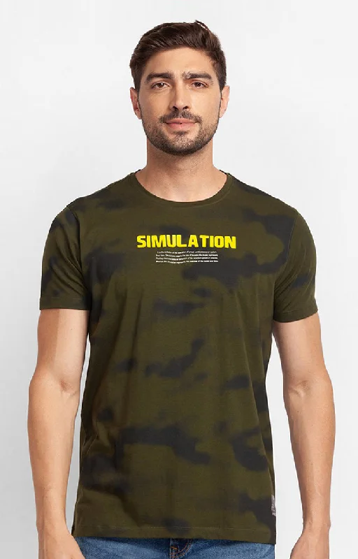 Spykar Rifle Green Cotton Half Sleeve Printed Casual T-Shirt For Men