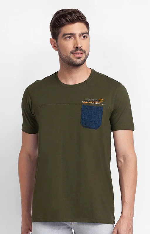 Spykar Rifle Green Cotton Half Sleeve Plain Casual T-Shirt For Men