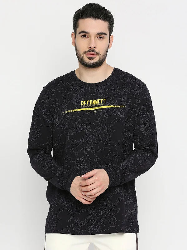 Time-Sensitive Spykar Navy Blue Cotton Blend Full Sleeve Printed Casual T-Shirt For Men
