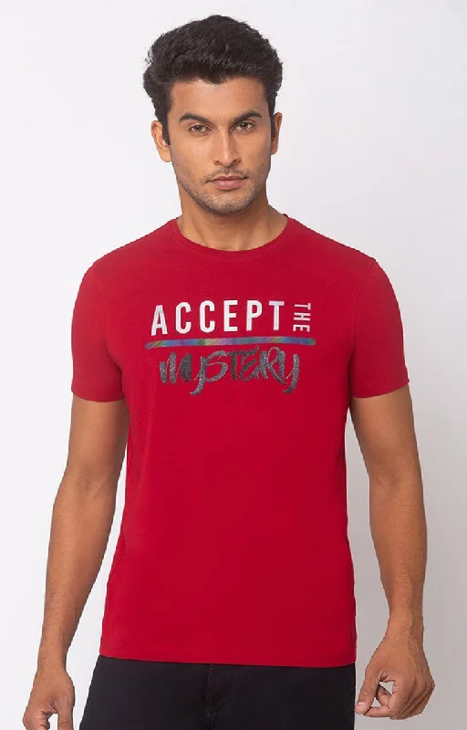 Spykar Red Cotton Slim Fit T-Shirt For Men