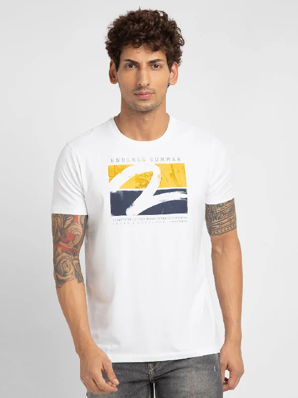 Sale Alert Spykar Men White Cotton Slim Fit Printed Round Neck T-Shirt