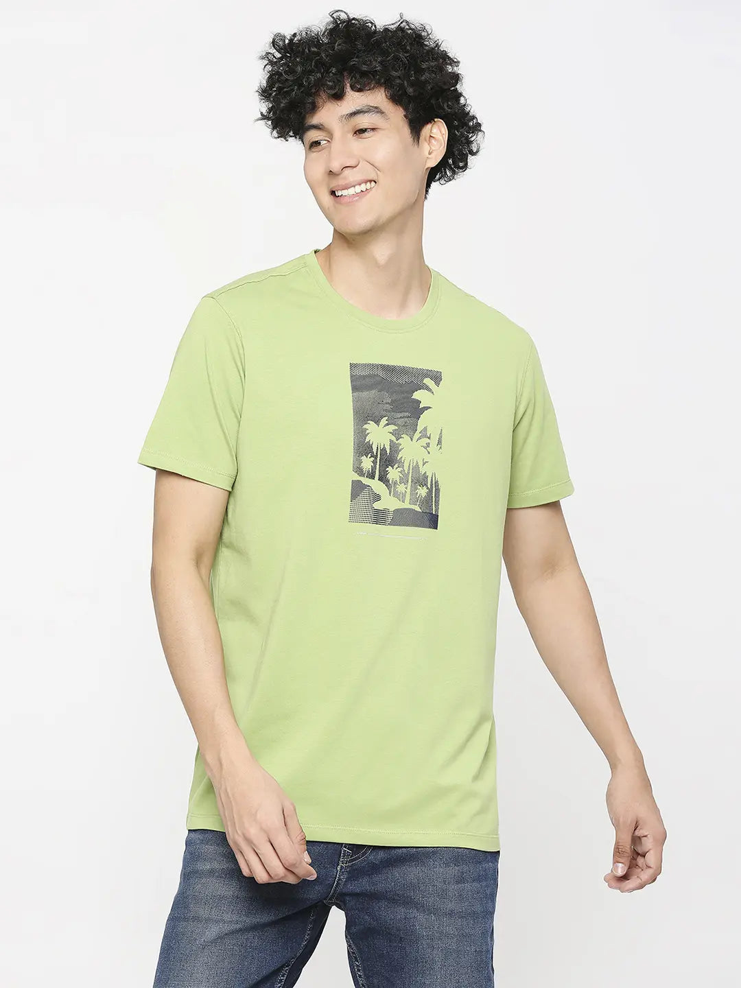 Big Savings Spykar Men Dusty Pista Green Cotton Slim Fit Round Neck Printed T-Shirt
