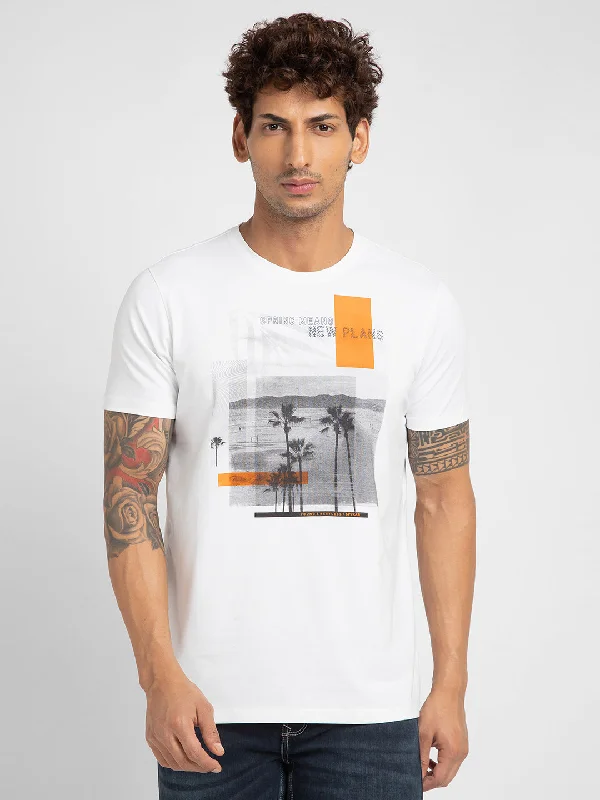 Price Slash Spykar Men White Blended Slim Fit Printed Round Neck T-Shirt
